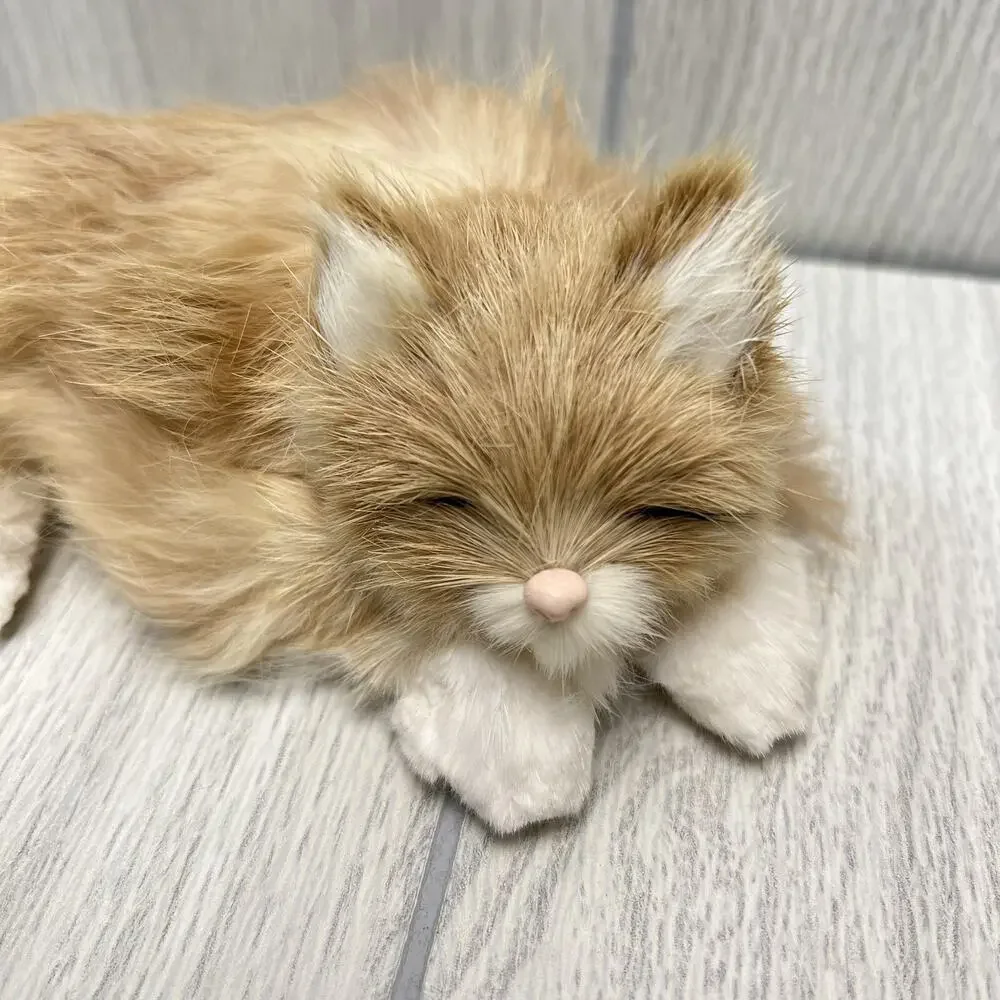 Vintage Realistic Furry Cat Figurine‎ Tan and White Sleeping Cat Soft